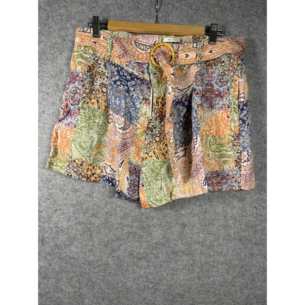 Rachel Zoe Womens XL Linen Patchwork Paisley Belted Shorts Multi Color High Rise